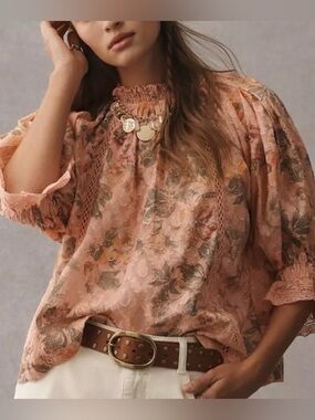 Anthropologie Pilcro Peach Floral Lace-Trim Peasant Tunic